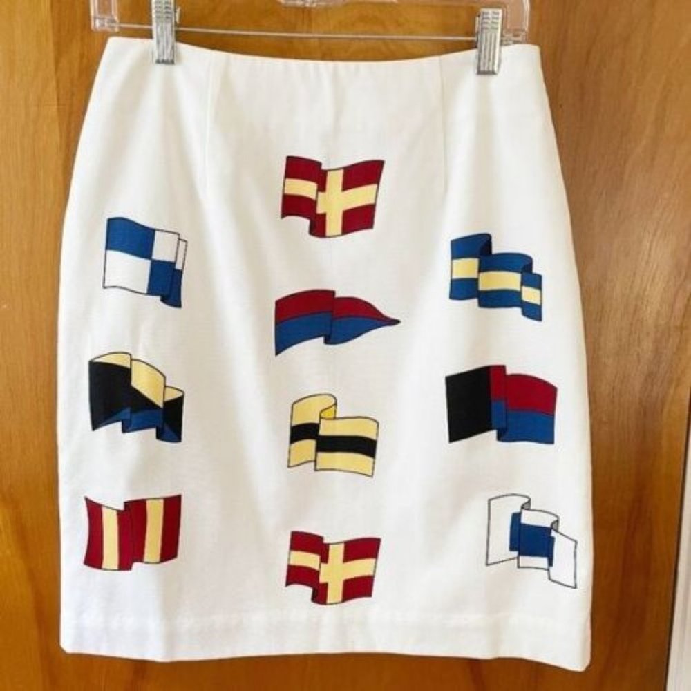 Vintage Talbots Marine Flags Yacht White Pencil Skirt Women's Size 4 petites